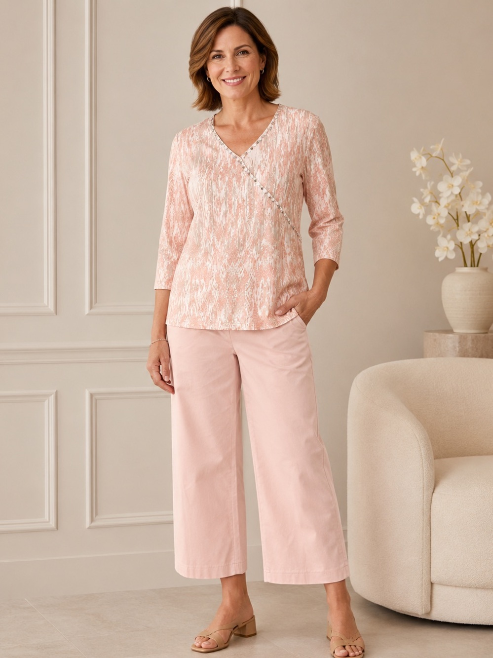 Ruby Rd Petite NWT 2 Piece Pink Embellished Top Linen Pants PXL 16P